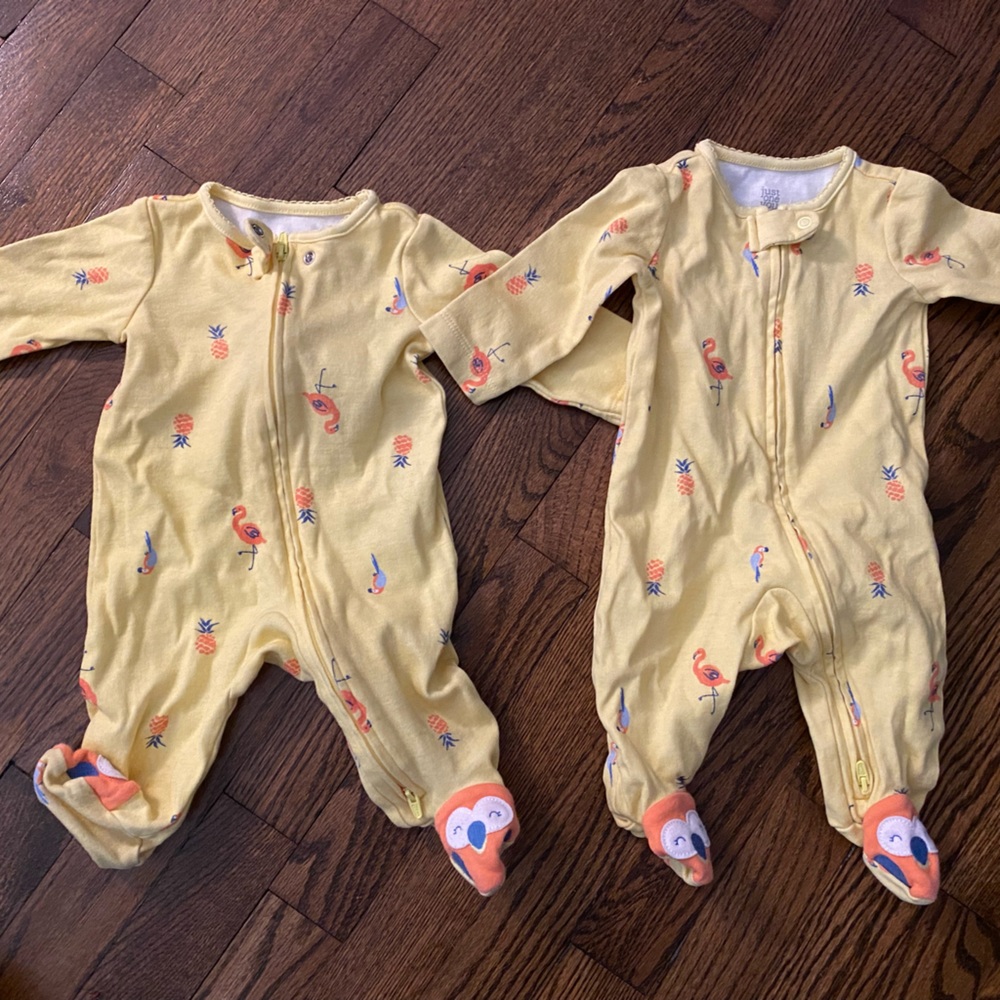 Yellow flamingo, parrot, and pineapple pajamas 3m